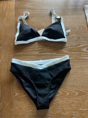 Ribbed Black Bikini Set with White Trim - Classic Two-Piece Swim